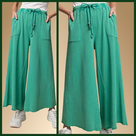 EASEL "The Originals" Mineral Washed Wide Leg Drawstring Pants Pockets Raw Hems - Picture 2 of 16